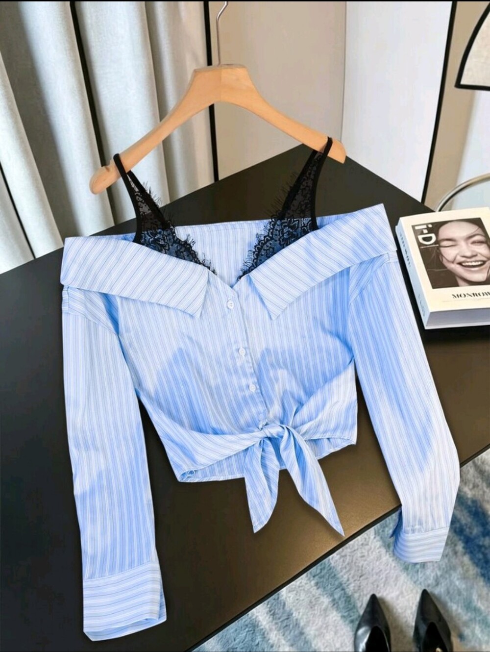 Off-Shoulder Tie-Front Striped Blouse with Lace Trim - Blue